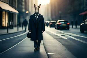 un Conejo vistiendo un traje y Corbata en pie en el calle. generado por ai foto