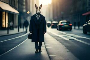 a rabbit wearing a suit and tie standing on the street. AI-Generated photo