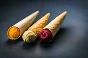 three ice cream cones with different flavors. AI-Generated photo