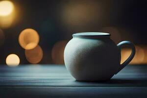 a white mug sitting on a wooden table with bokeh lights. AI-Generated photo