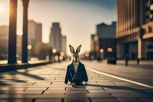 un Conejo en un traje sentado en el calle. generado por ai foto
