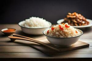 three bowls of rice with sauce and chopsticks. AI-Generated photo