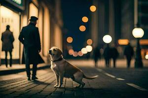 a dog standing on the street at night. AI-Generated photo