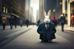 un Conejo vistiendo un traje y Corbata en el medio de un ciudad. generado por ai foto