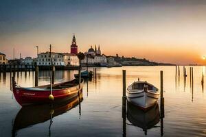 barcos atracado a el muelle en frente de un Iglesia a puesta de sol. generado por ai foto