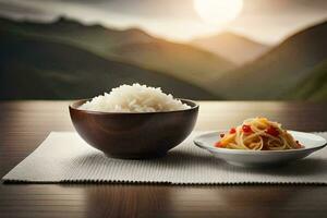 a bowl of rice and a plate of spaghetti with a mountain in the background. AI-Generated photo