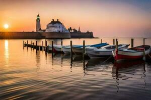 boats docked at the pier in front of a lighthouse at sunset. AI-Generated photo