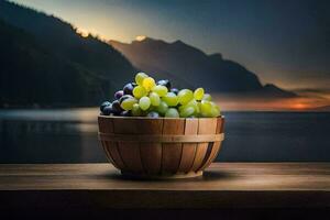 grapes in a basket on a wooden table with mountains in the background. AI-Generated photo