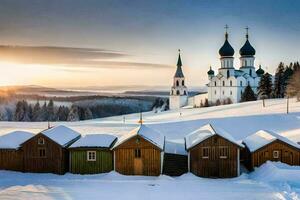 snow covered houses in the countryside with a church in the background. AI-Generated photo