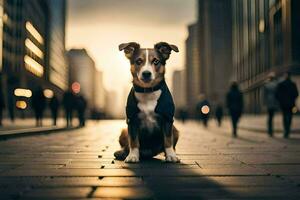 a dog sitting on the ground in a city. AI-Generated photo