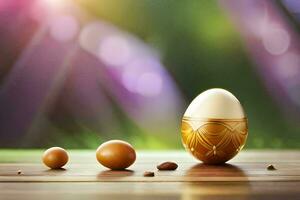 an egg and some nuts on a wooden table. AI-Generated photo
