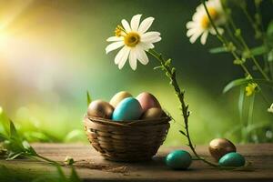 easter eggs in a basket on a sunny day. AI-Generated photo