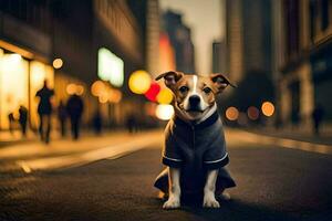 a dog in a coat sitting on the street at night. AI-Generated photo