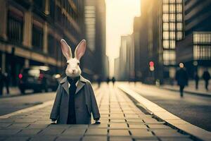 a rabbit in a suit stands on the street. AI-Generated photo