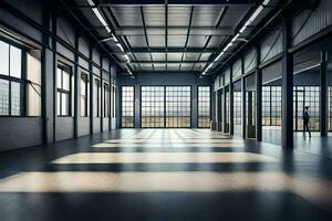 an empty warehouse with large windows and a large door. AI-Generated photo