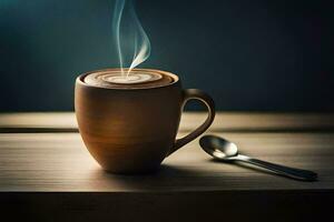 a cup of hot chocolate with a spoon on a wooden table. AI-Generated photo