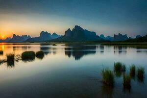 the sun rises over mountains and water. AI-Generated photo