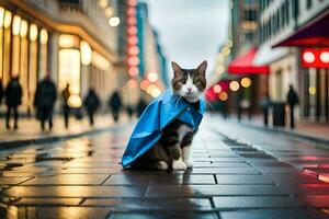 a cat wearing a blue cape on a city street. AI-Generated photo