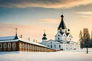 a church in the snow with a steeple. AI-Generated photo