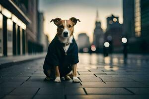 un perro sentado en el calle en frente de un ciudad. generado por ai foto