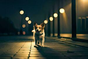 a dog walking on a street at night. AI-Generated photo