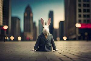 a rabbit dressed in a suit and tie sits on the ground. AI-Generated photo