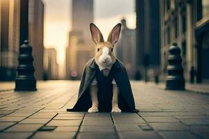 un Conejo vestido en un traje y Corbata en pie en un calle. generado por ai foto