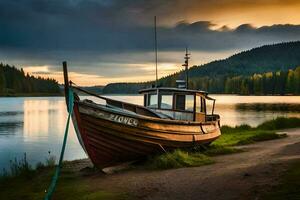 a boat sits on the shore of a lake at sunset. AI-Generated photo