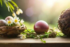 easter eggs in baskets on a table. AI-Generated photo