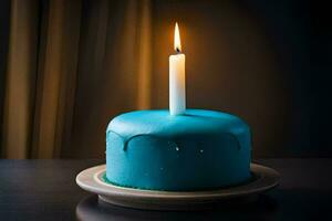 blue birthday cake with a single candle. AI-Generated photo