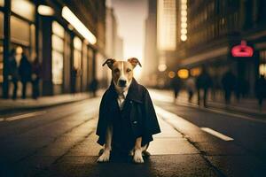 a dog in a coat sitting on the street. AI-Generated photo