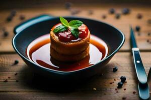 a dessert in a bowl with sauce. AI-Generated photo