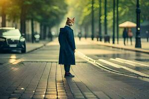 a fox in a coat standing on a street. AI-Generated photo