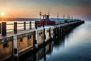 a pier at sunset with the sun setting behind it. AI-Generated photo