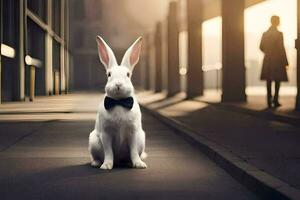 a white rabbit wearing a bow tie sits on the sidewalk. AI-Generated photo