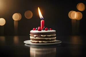 a small chocolate cake with a candle on top. AI-Generated photo