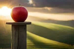 an apple on a post in front of a sunset. AI-Generated photo