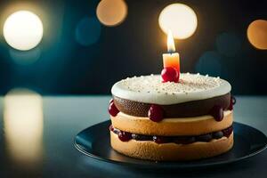 a birthday cake with a lit candle on top. AI-Generated photo