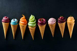 a row of ice cream cones with different colors. AI-Generated photo
