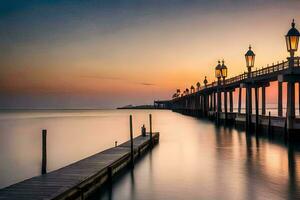 a pier with a long pier and a few lamps. AI-Generated photo