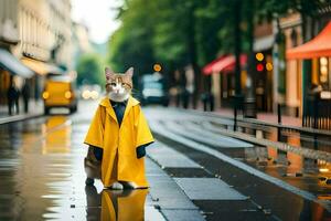 a cat in a raincoat standing on a wet street. AI-Generated photo