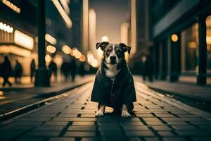 a dog wearing a coat sits on the street at night. AI-Generated photo