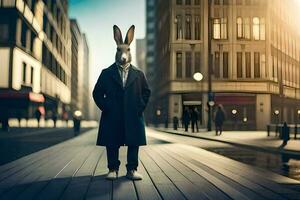 a rabbit wearing a coat and standing on a street. AI-Generated photo