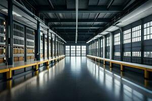 an empty warehouse with rows of shelves. AI-Generated photo