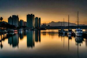 barcos atracado en el agua a puesta de sol con alto edificios en el antecedentes. generado por ai foto