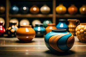 many colorful vases are sitting on a wooden table. AI-Generated photo