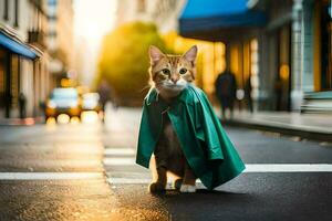a cat wearing a green cape on the street. AI-Generated photo