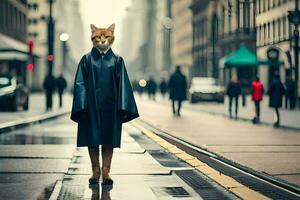 a cat dressed in a raincoat standing on a city street. AI-Generated photo