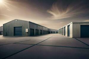 a large warehouse with two doors and a sky. AI-Generated photo