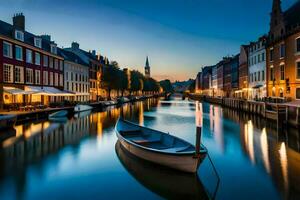 a boat is docked in a canal at dusk. AI-Generated photo